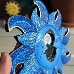 Vintage 8" Handpainted Blue and Gold Celestial Sunburst Mirror